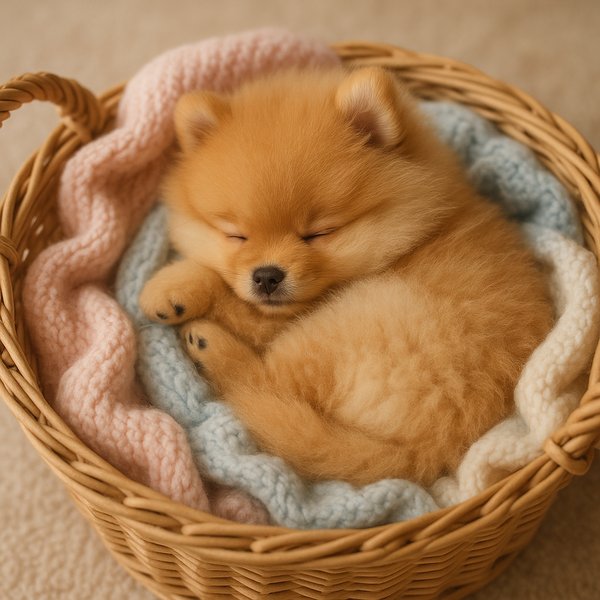 Sleeping Pomeranian Puppy in Pastel Blanket Basket