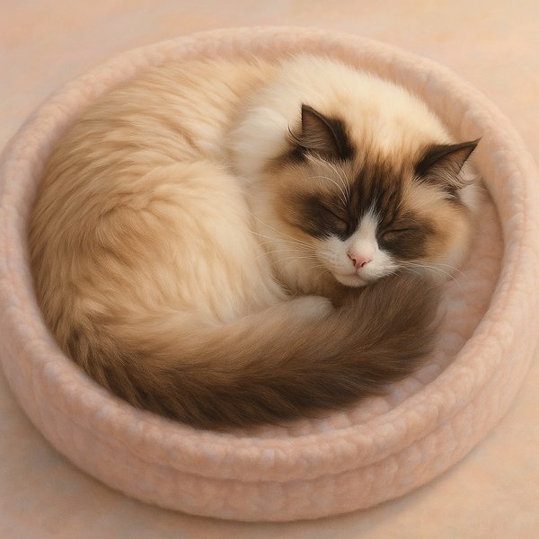 Sleeping Ragdoll in a Pastel Nest
