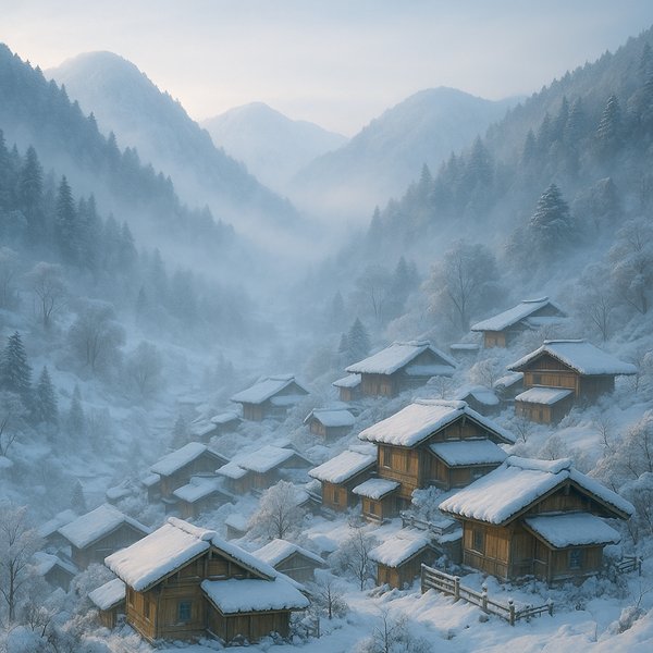 Snow‑Blanketed Yunnan Mountain Village at Dawn