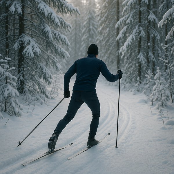 Solitary Glide Through Winter Pines