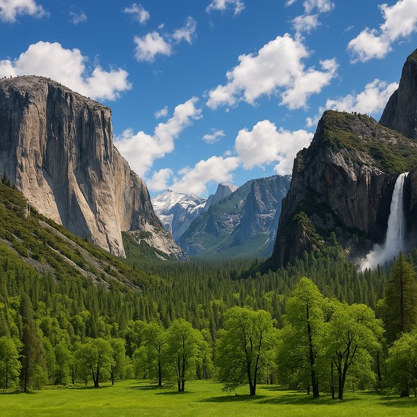 Spring in Yosemite Valley — Snowmelt Waterfalls and Verdant Meadow