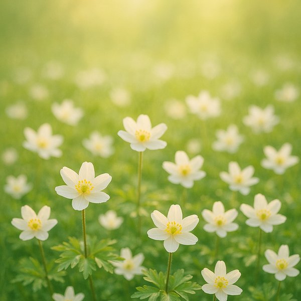 Spring Meadow of White Wood Anemones