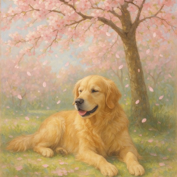 Springtime Serenity: Golden Retriever Under Cherry Blossoms