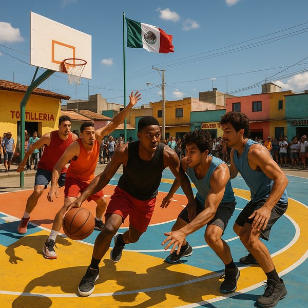 Streetball Showdown on a Sunlit Mexican Court