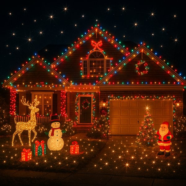 Suburban Home Dressed in Spectacular Christmas Lights at Night