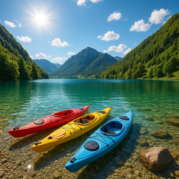 Summer Alpine Lake with Colorful Kayaks