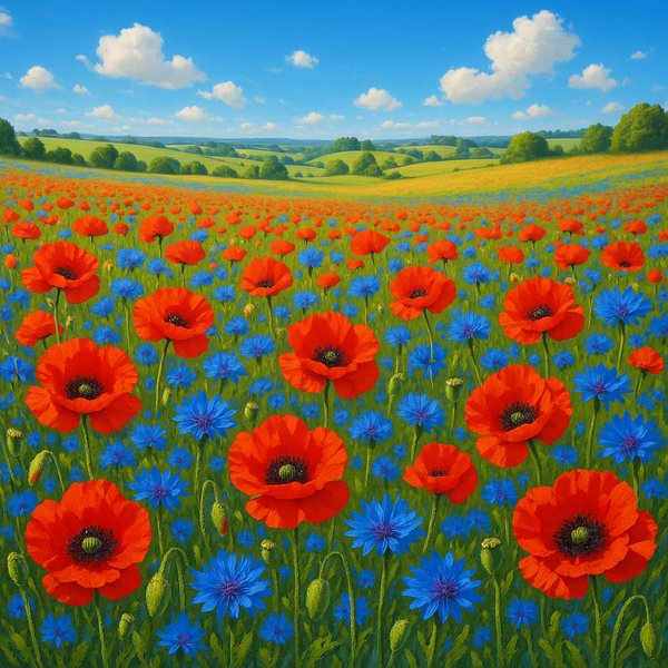 Summer Meadow of Poppies and Cornflowers