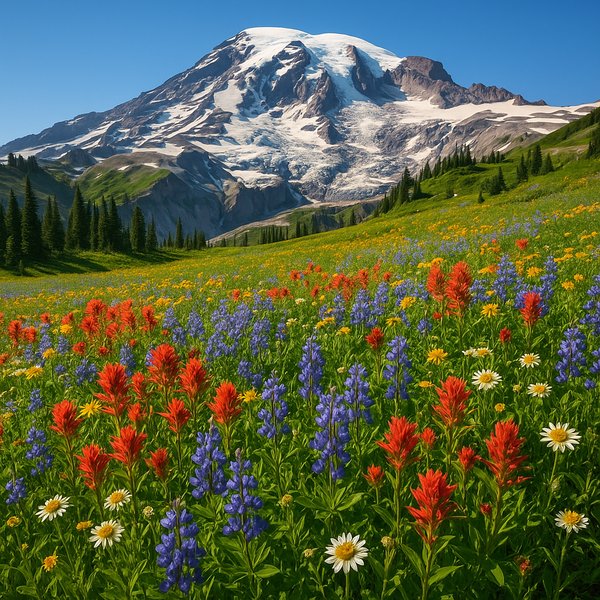 Summer Wildflower Meadow with Mount Rainier