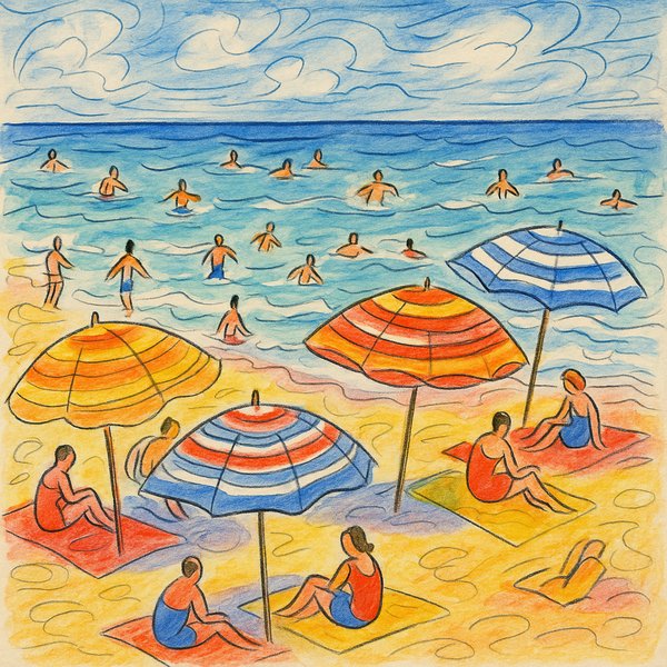 Sunlit Beach with Striped Umbrellas