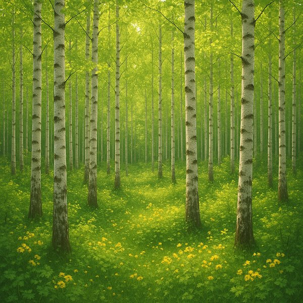 Sunlit Birch Grove with Yellow Wildflowers