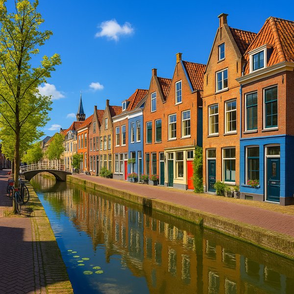 Sunlit Canal Row in Historic Delft