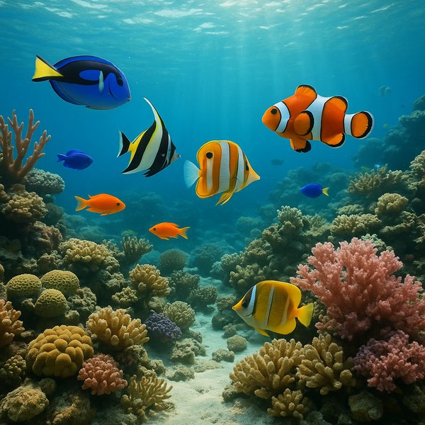 Sunlit Coral Reef with Tropical Reef Fish