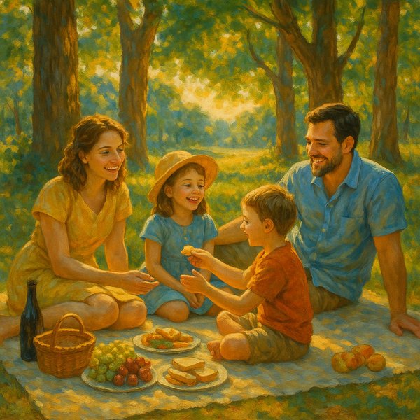 Sunlit Family Picnic in the Grove