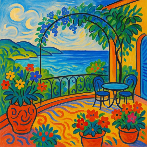 Sunlit Garden Terrace by the Sea