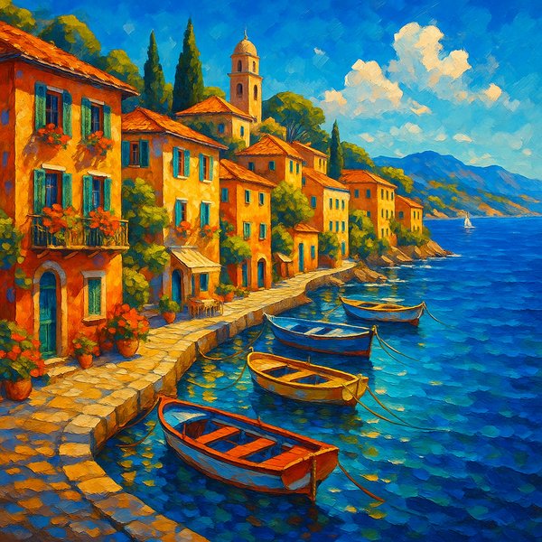 Sunlit Harbor of a Mediterranean Village