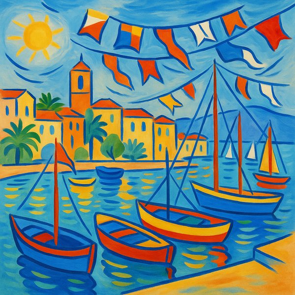 Sunlit Harbor with Festive Flags