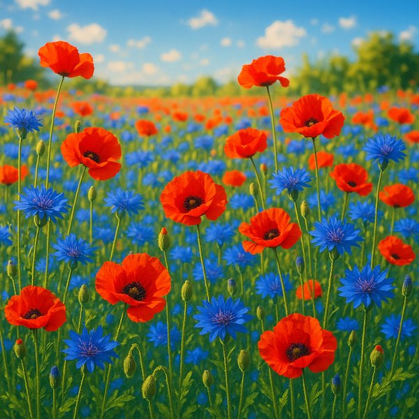 Sunlit Meadow of Poppies and Cornflowers