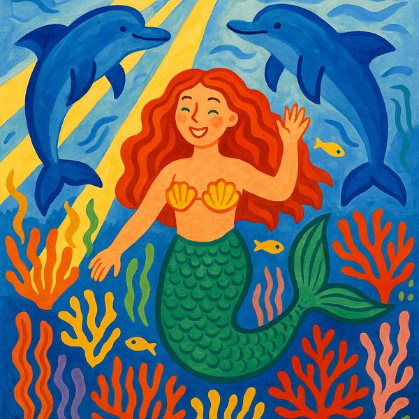 Sunlit Mermaid and Dolphins