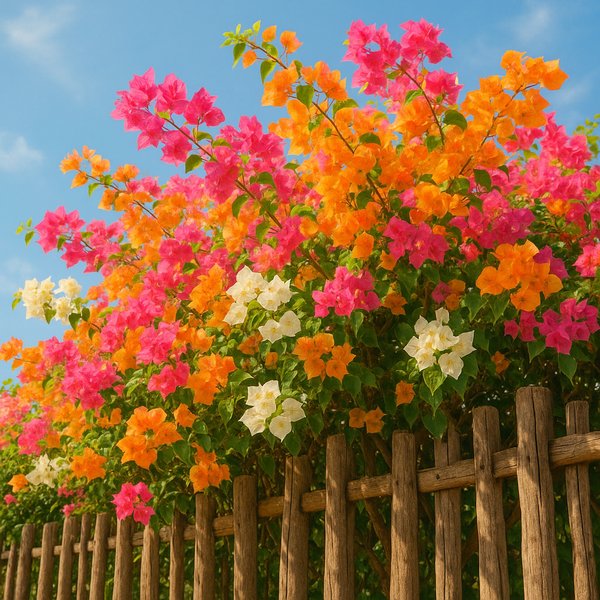 Sunlit Multicolor Bougainvillea Over Rustic Fence
