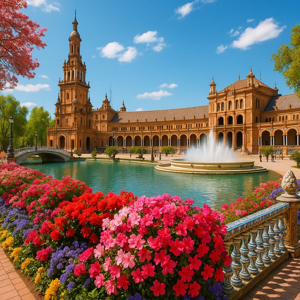 Sunlit Plaza de España in Full Spring Bloom