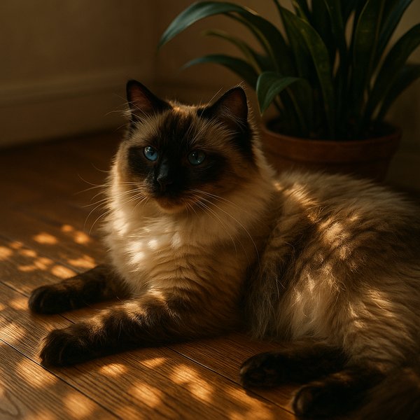 Sunlit Ragdoll by the Houseplant