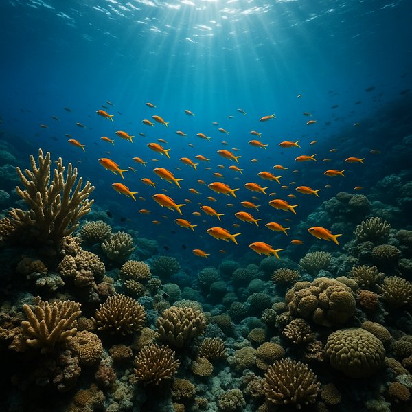 Sunlit School Over a Coral Reef
