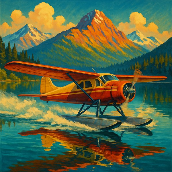 Sunlit Seaplane Over Crystal Lake — Vintage Takeoff