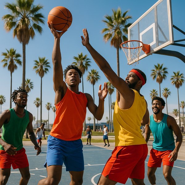 Sunlit Streetball Game Under California Palms