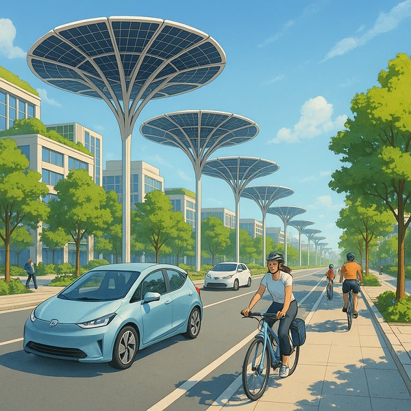 Sunlit Sustainable Avenue — Solar Trees & Active Transit