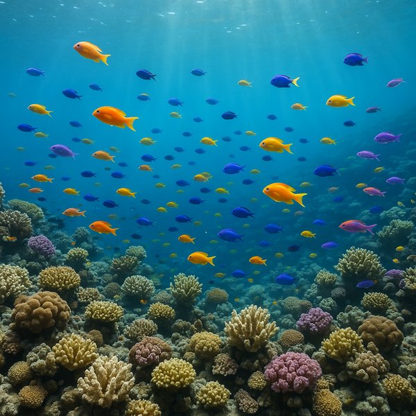 Sunlit Tropical Reef with Colorful School of Damselfish