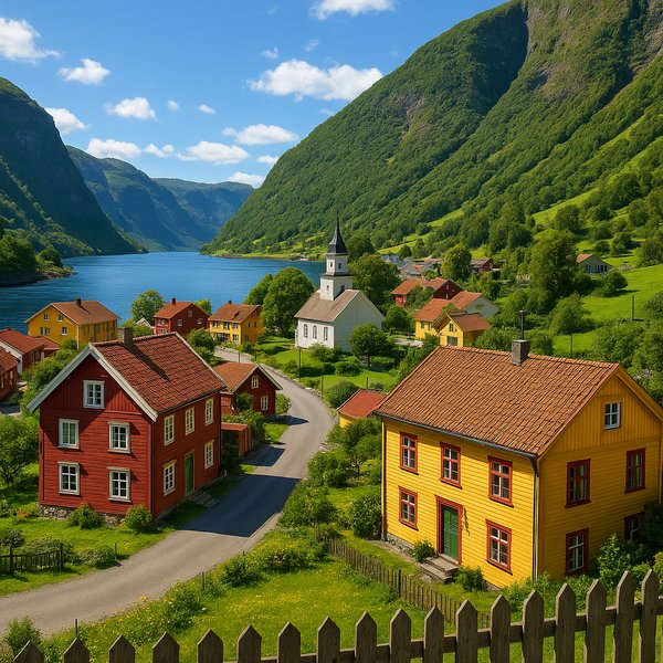 Sunlit Village on the Fjord — Flåm in Summer
