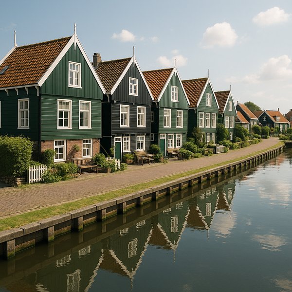 Sunlit Wooden Houses Along Marken Canal