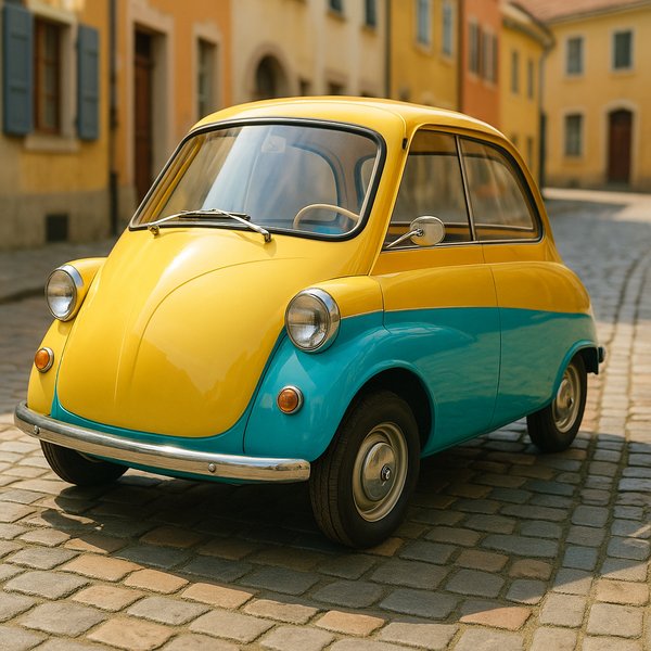 Sunny Two-Tone 1950s Microcar on Cobblestones