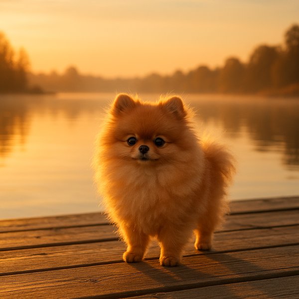 Sunrise Pomeranian on a Lakeside Pier