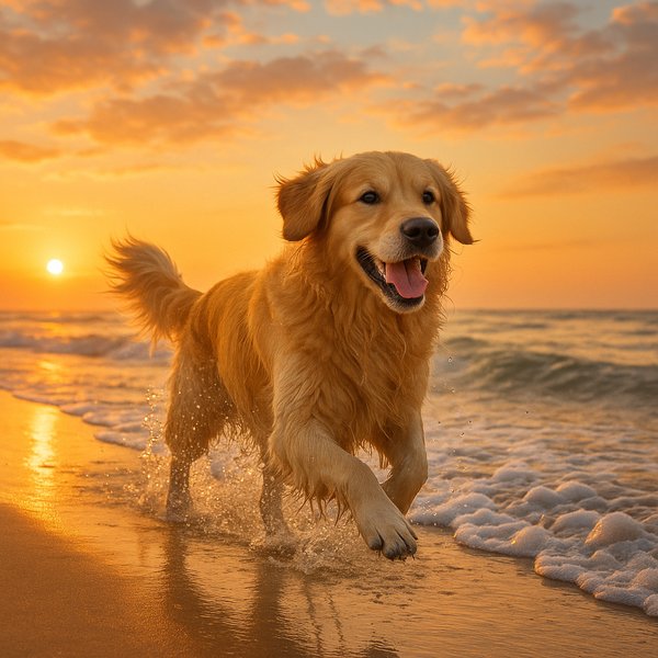 Sunrise Sprint: Golden Retriever on the Shore