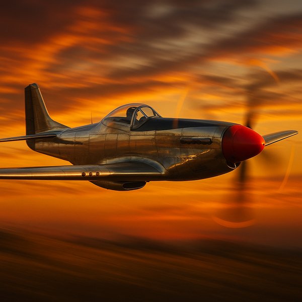 Sunset Mustang — Polished Metal Red-Nosed Fighter