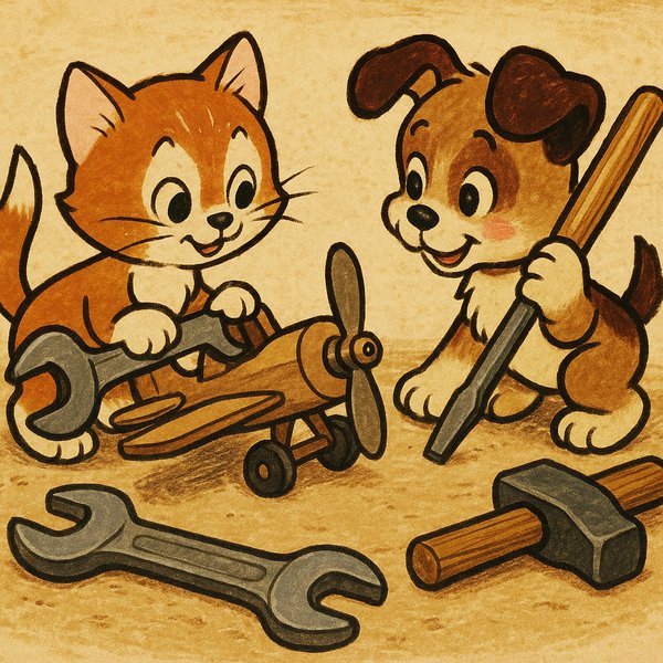 Tiny Mechanics: Kitten & Puppy Fixing a Toy Plane