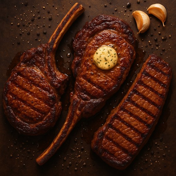 Top-View Premium Steak Assortment with Garlic Butter