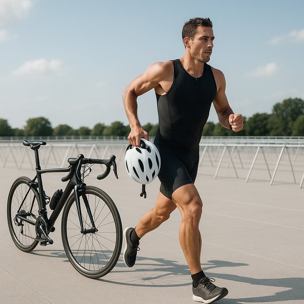Triathlon Transition: Athlete Jogging to Run with Helmet in Hand