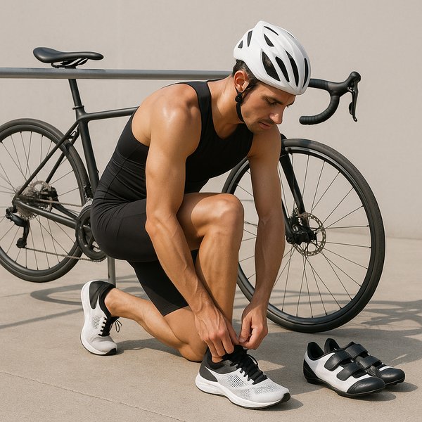 Triathlon Transition: Athlete Preparing at Bike Rack