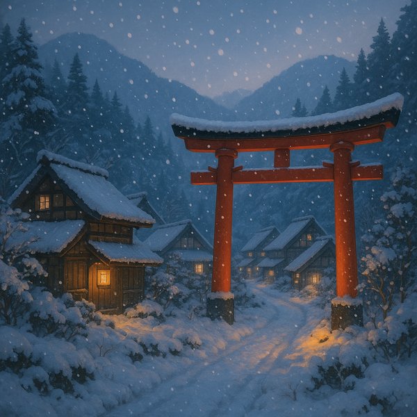 Twilight at the Snow-Covered Torii