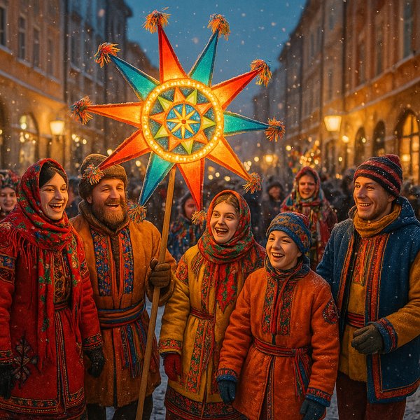 Ukrainian Christmas Star Parade — Joyful Winter Carolers with Glowing Star