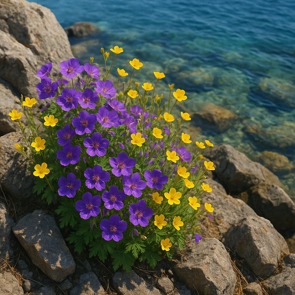Vibrant Baikal Wildflowers on Rocky Shore