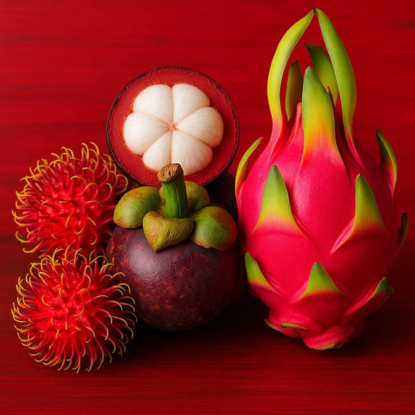 Vibrant Exotic Fruit Trio — Rambutan, Mangosteen & Dragon Fruit