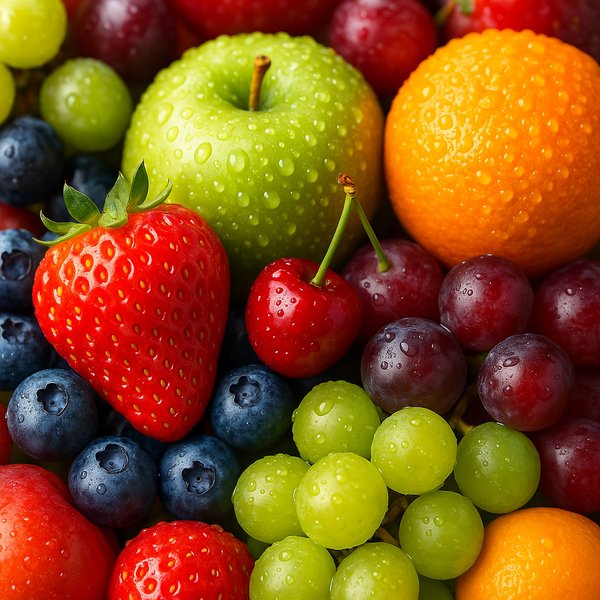 Vivid Close-Up of Mixed Fresh Fruits with Water Droplets