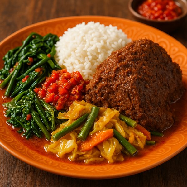 Vivid Nasi Padang Platter with Beef Rendang and Sambal