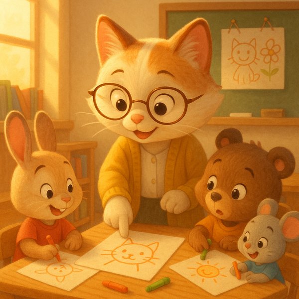 Warm Classroom: Cat Teacher and Animal Students