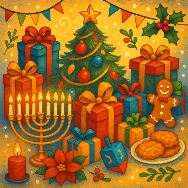 Warm Holiday Gathering — Gifts, Menorah, and Tree