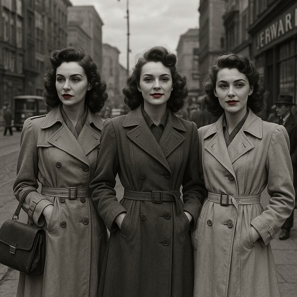 Wartime Elegance: Three Women in Trench Coats, 1940s Street