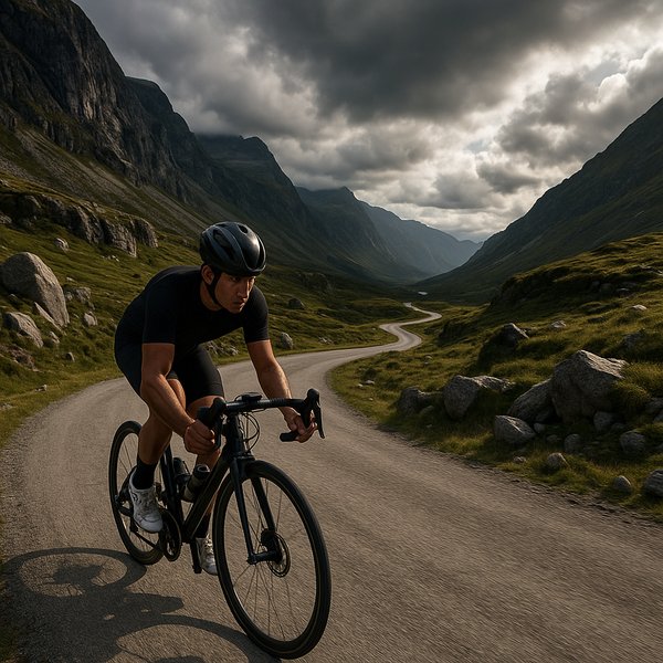 Winding Ascent: Solo Triathlon Cyclist in Mountain Valley